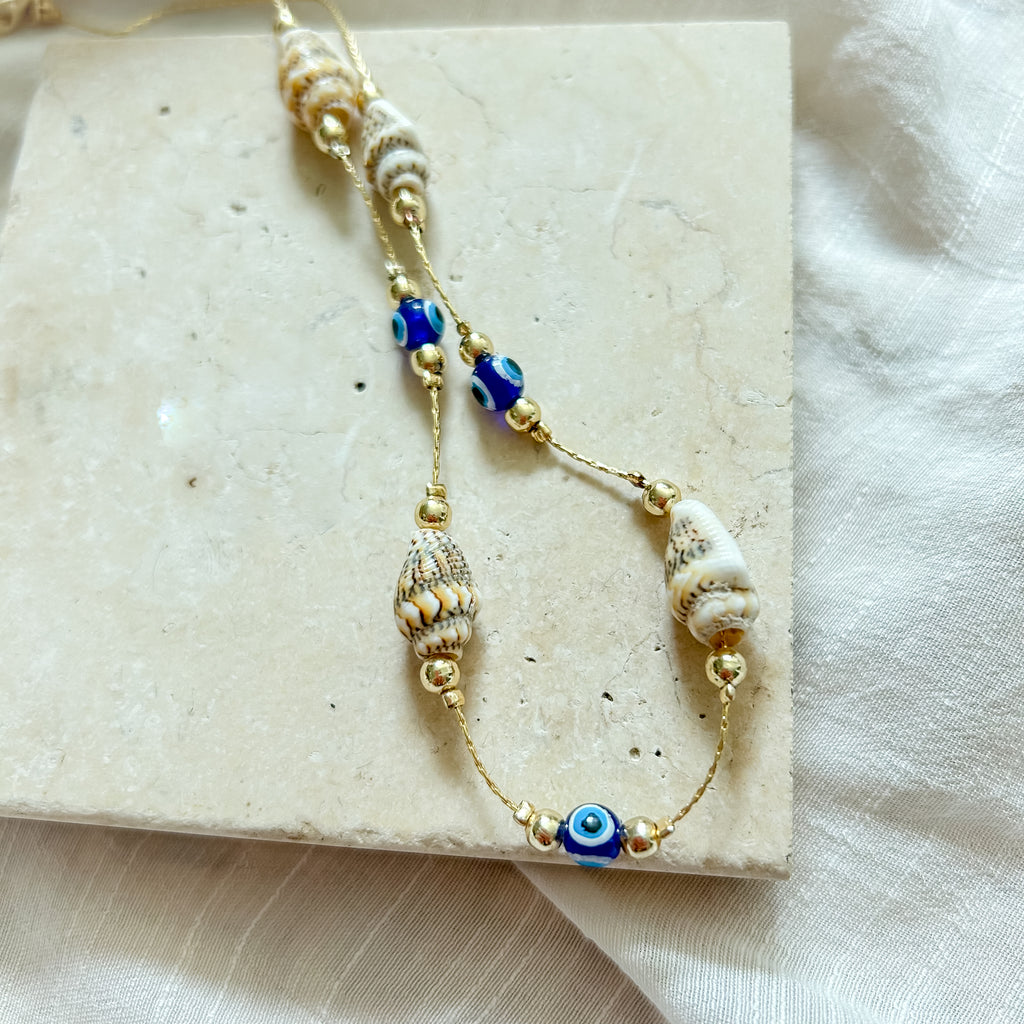 Evil Eye and Shell Beads on 18K Gold Plated Snake Chain-Stainless Steel