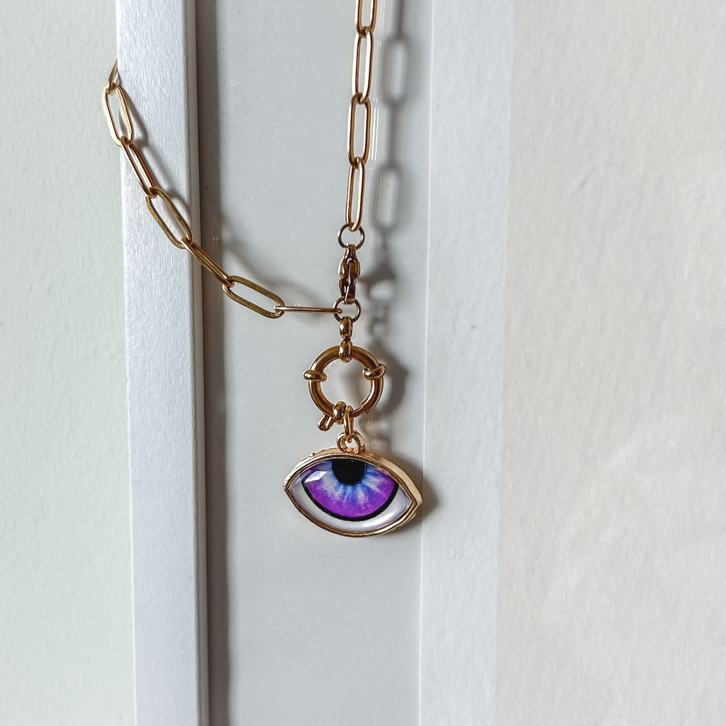 Handcrafted 24K Gold Plated Evil Eye Pendant with Purple and Red Accents