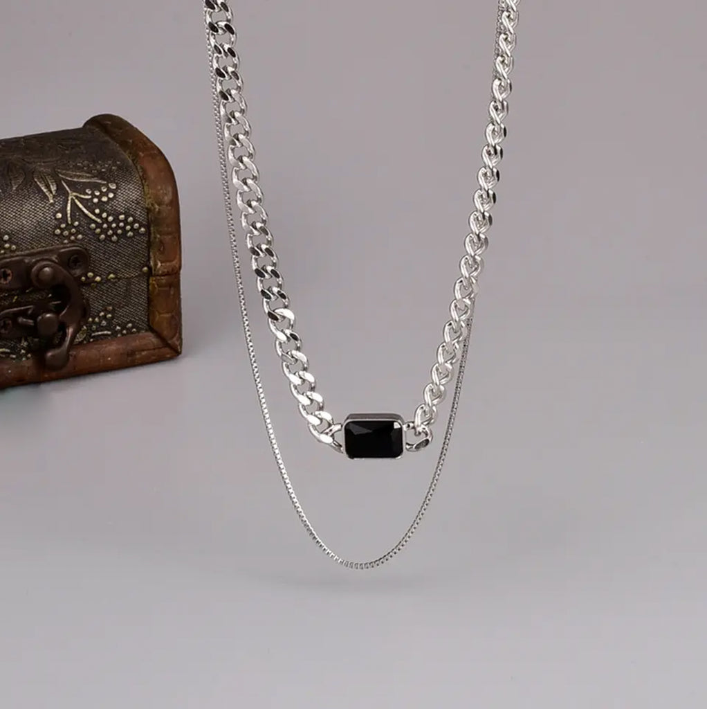 Stainless Steel Layering Necklace with Onyx Pendant