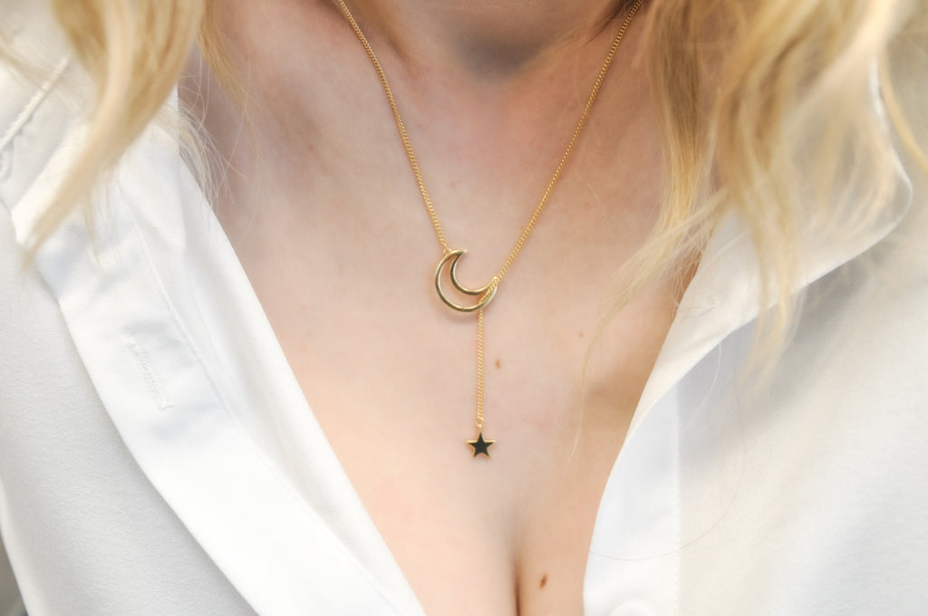 925 Sterling Silver Moon & Star Clavicle Necklace - 18K Gold Plated