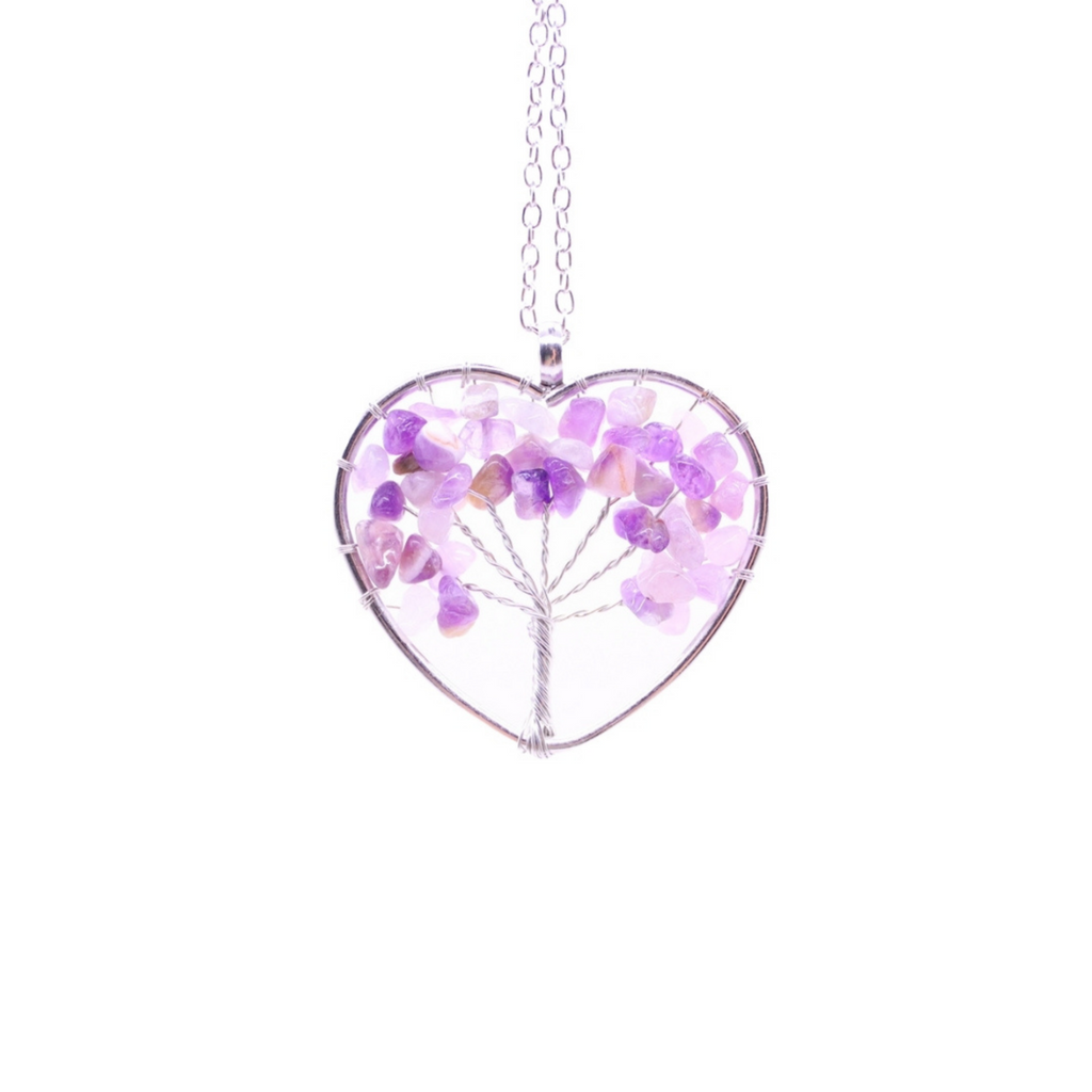 Tree of Life 7 Chakra Gemstone Necklace - XL Silver Hearth Pendant