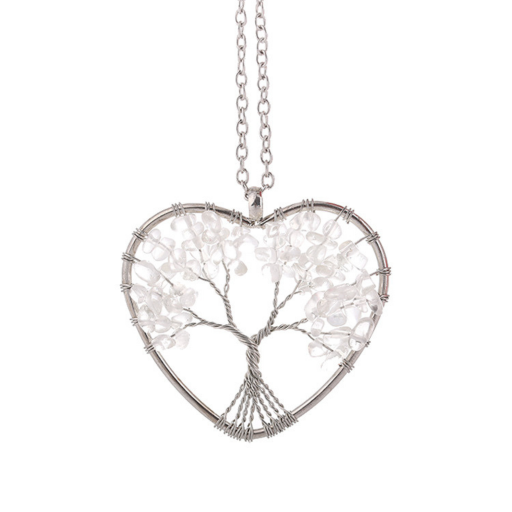 Tree of Life 7 Chakra Gemstone Necklace - XL Silver Hearth Pendant