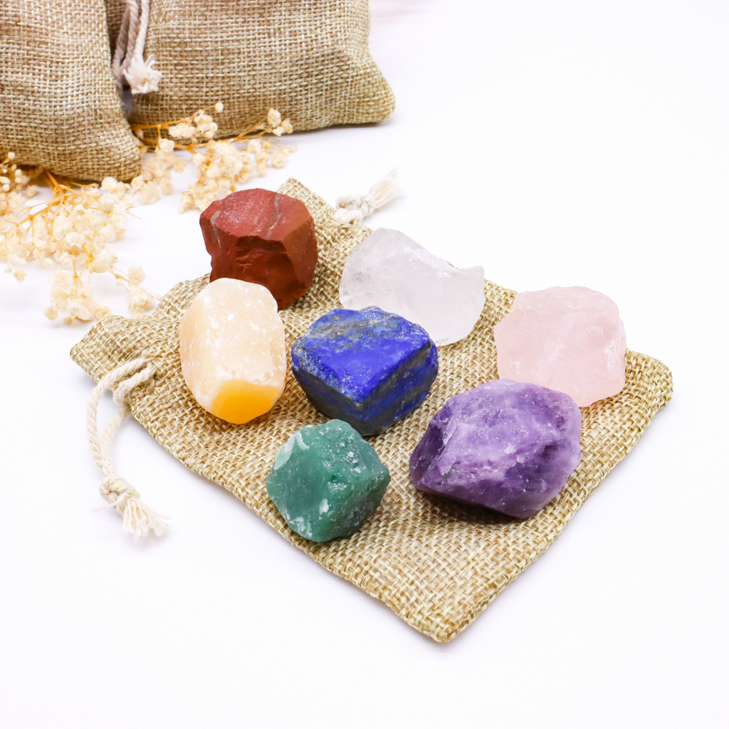 7 Chakra Stones Healing Crystal Bag - Organic Rattan