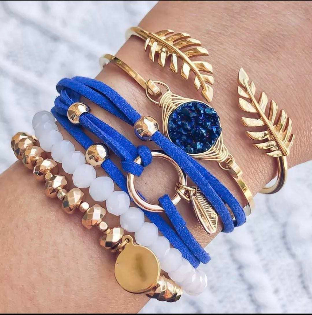 Blue Agate 5 Pieces Bracelet Bangle - Bohemian Style
