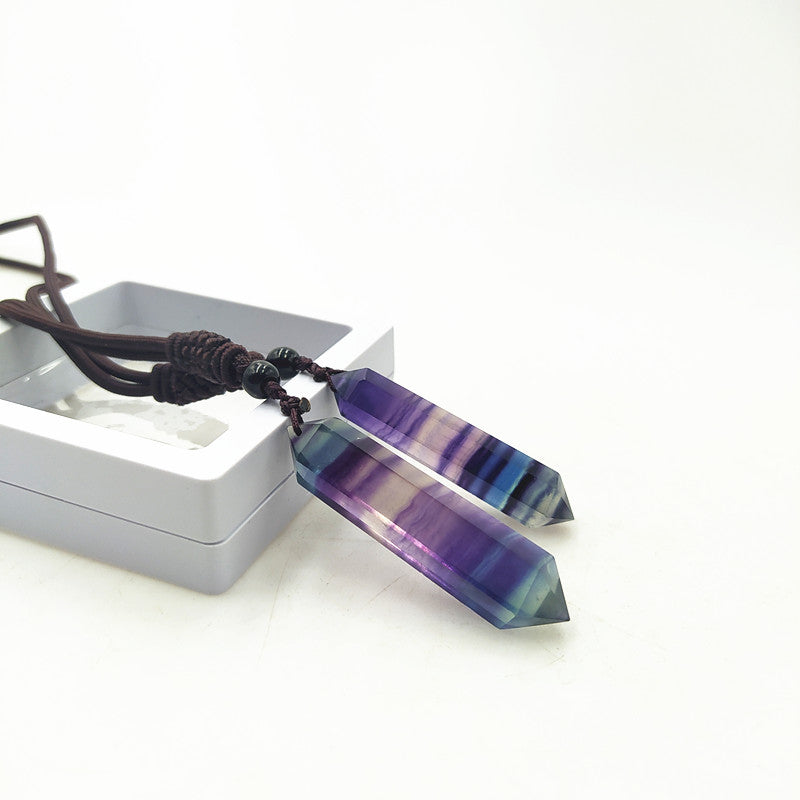 Rainbow Fluorite Crystal Point Necklace-Leather Rope