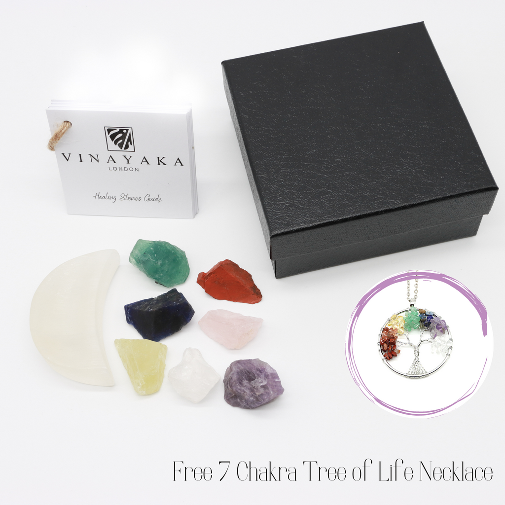 7 Chakra Stone Set with Moon Selenite Bowl - Free Tree of Life 7 Chakra Necklace