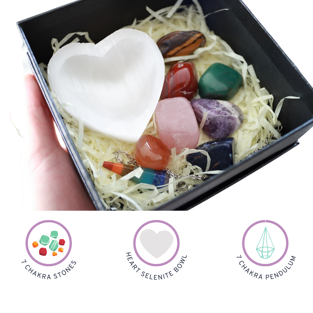 7 Chakra Stone Set with Heart Selenite Bowl and Free Chakra Pendulum