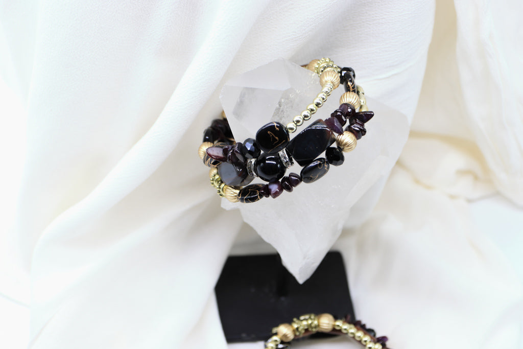 Multi-Layered Bracelet - Black Obsidian Tourmaline & Agate