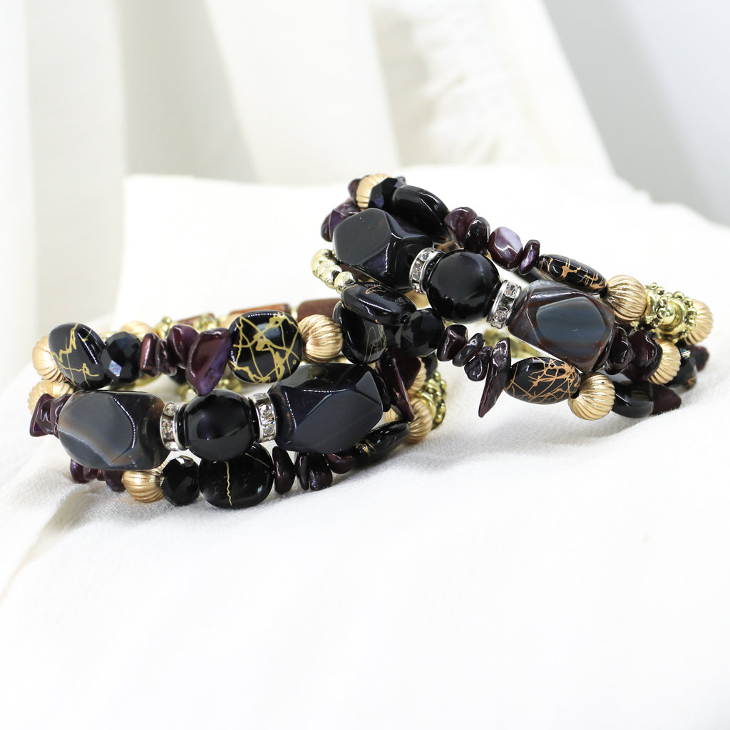 Multi-Layered Bracelet - Black Obsidian Tourmaline & Agate