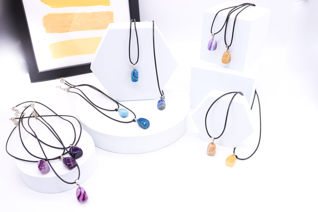 Tumbled Agate Crystal Necklace on Black Leather Rope - Pink, Blue, Yellow Purple Agate