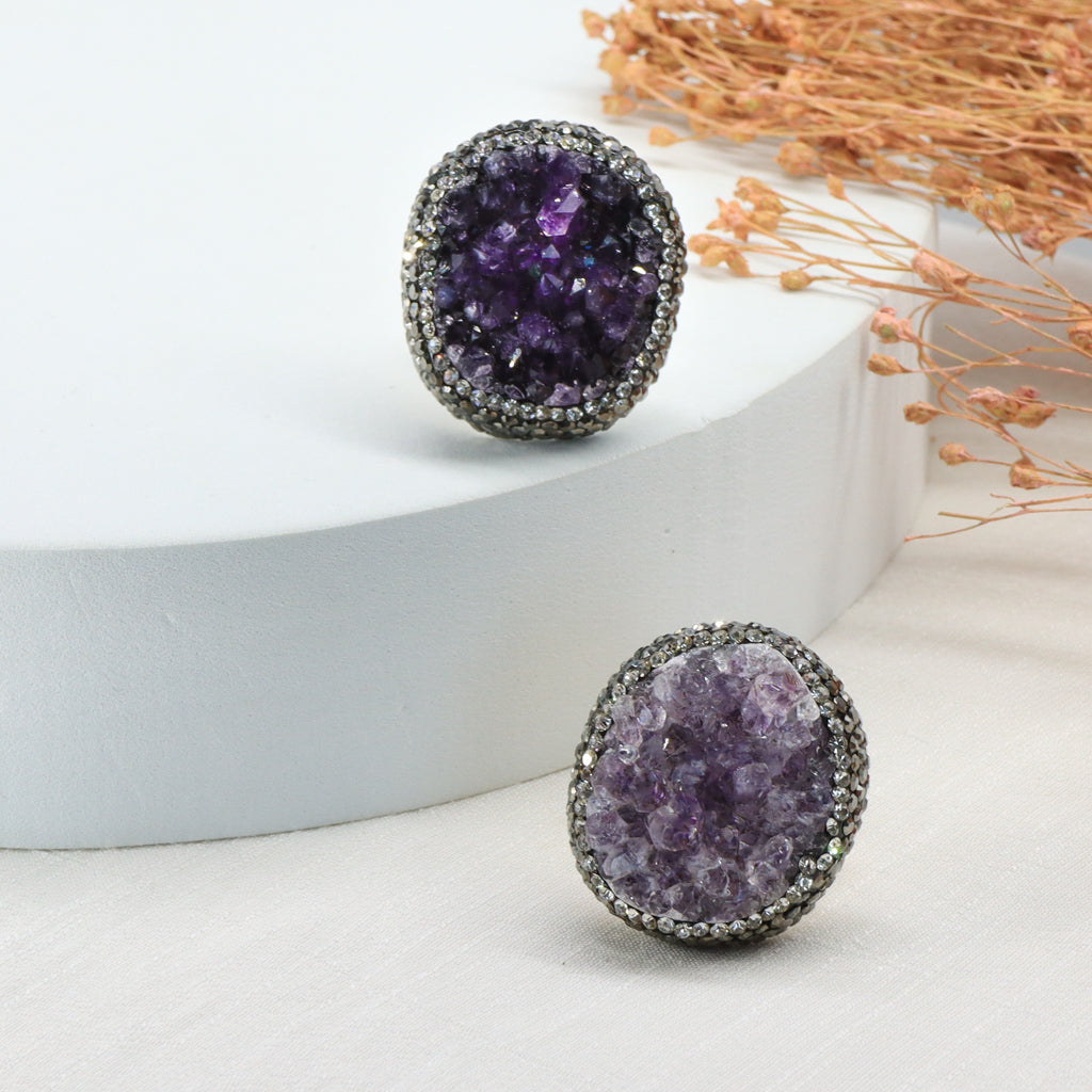 Raw Amethyst Ring with Jet Hematite Stone - AAA Quality