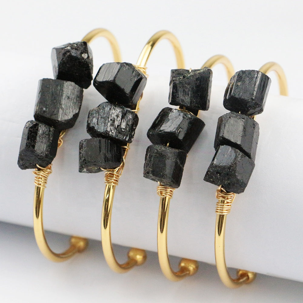 Black Tourmaline Cuff Bracelet 18K Gold Plated- Nickel Free