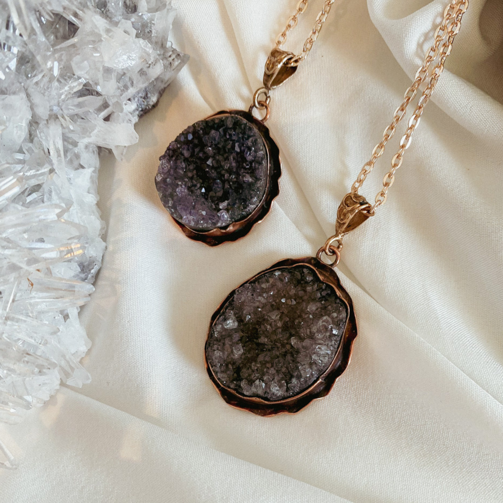 Black Agate Druzy Rose Gold Necklace-Hand Carved Agate