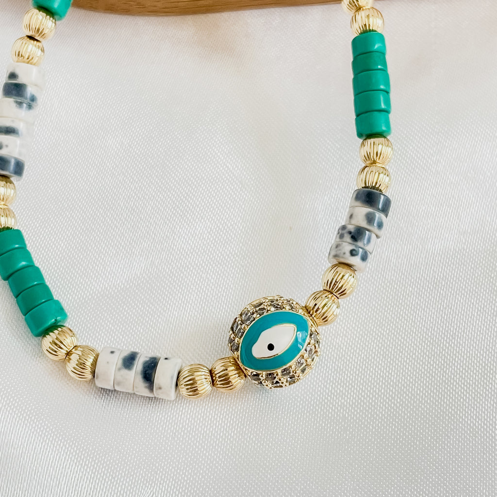 Dalmatian Jasper Gemstone Necklace with Evil Eye Charm - The Perfect Balance of Beauty and Protection"