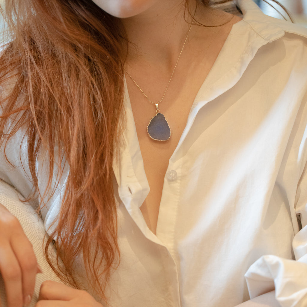 Raw Blue Chalcedony Stone Pendant - Silver Necklace