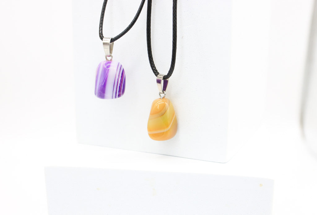 Tumbled Agate Crystal Necklace on Black Leather Rope - Pink, Blue, Yellow Purple Agate