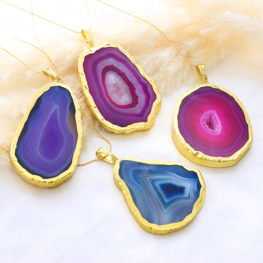 Agate Crystal Slice Pendant Necklace- Pink, Blue & Purple Agate