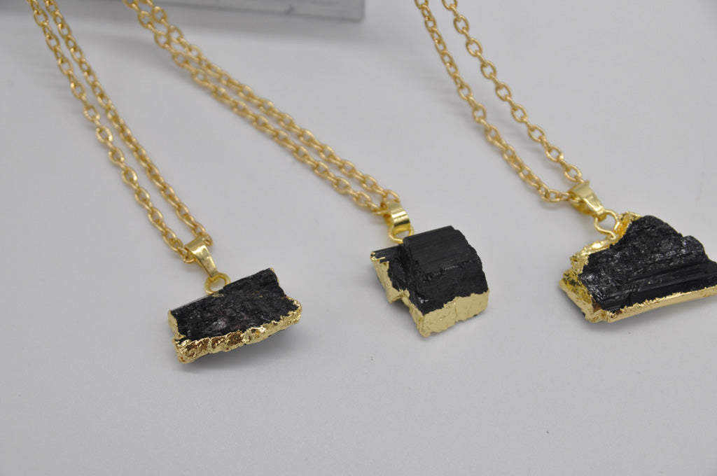 Raw Black Tourmaline 18K Gold Plated Necklace- Nickel Free