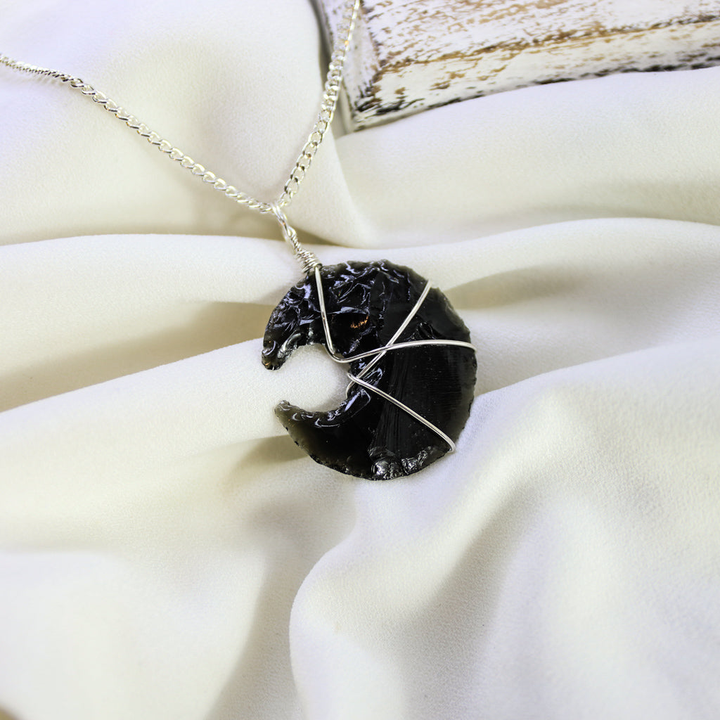 Obsidian Crystal Crescent Moon Necklace