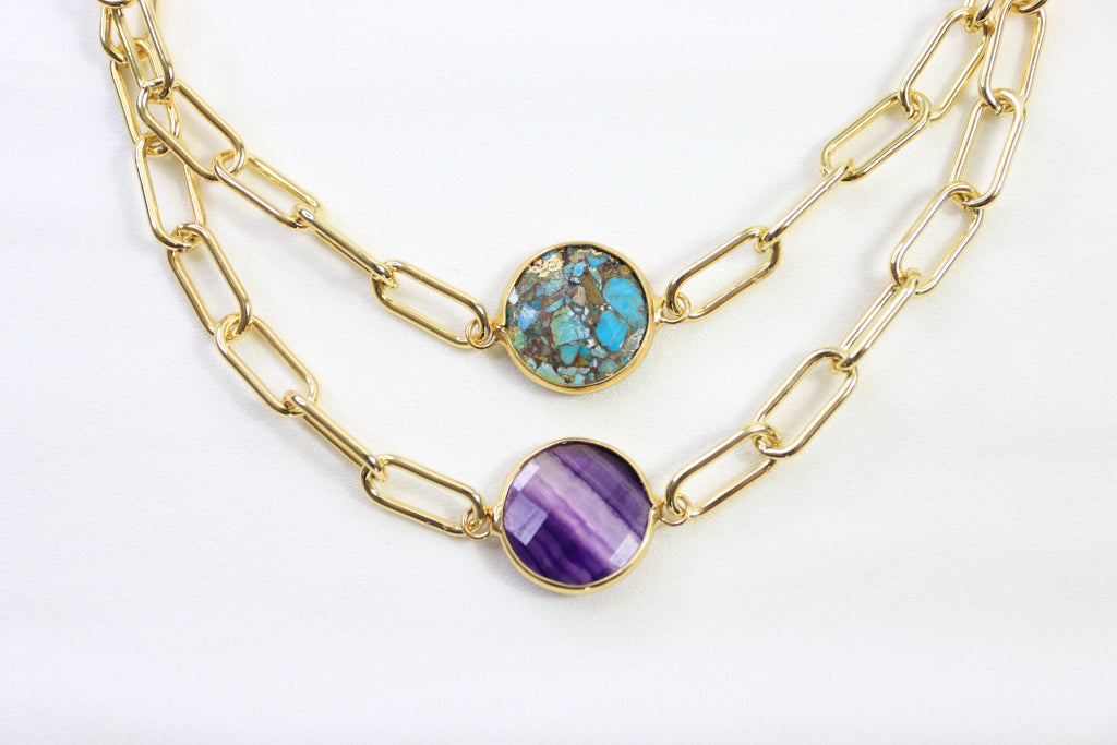 24K Gold Plated Crystal Choker Necklace- Amethyst & Turquoise Gemstone