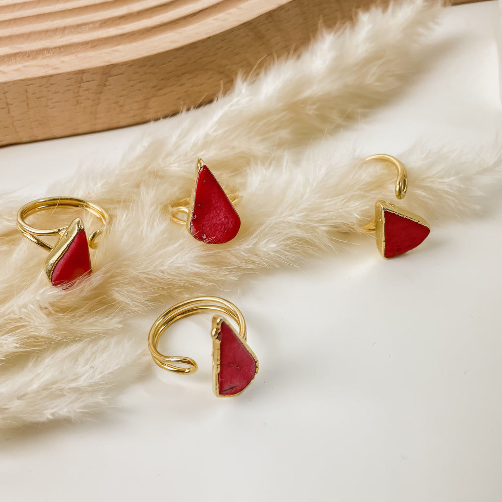 Red Coral Stacking Ring- 24K Gold Plated