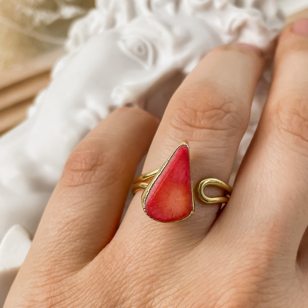 Red Coral Stacking Ring- 24K Gold Plated