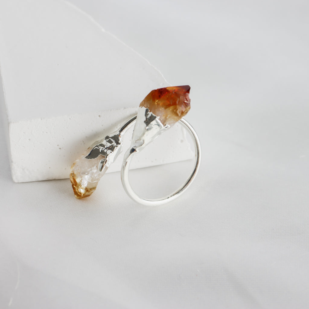 Double Raw Citrine Healing Crystal Silver Ring