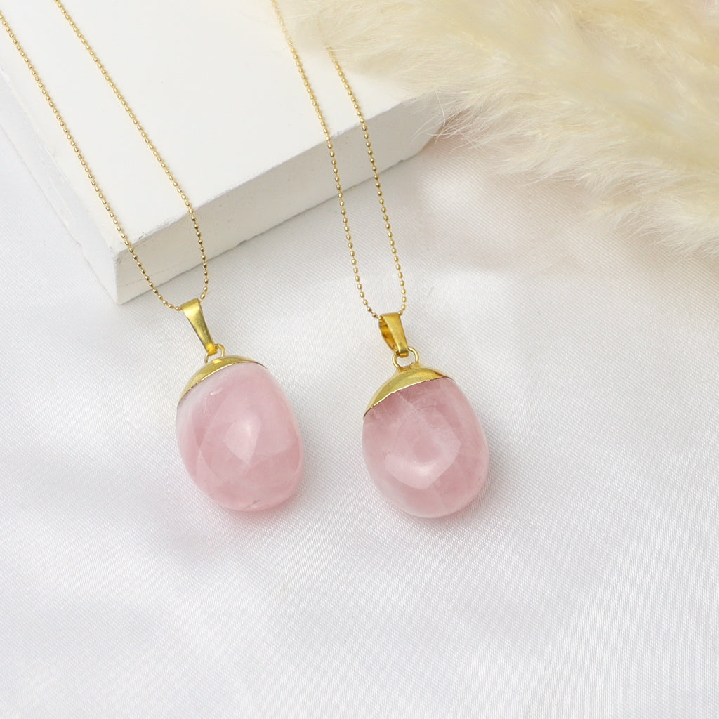 Tumbled Pink Quartz Necklace - 24K Gold Plated
